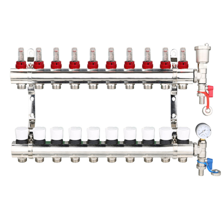 10-Port Brass/Nickel Manifold with Air Vent & Pressure Gauge