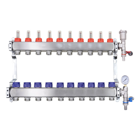 10-Port stainless steel manifold with air vent and pressure gauge