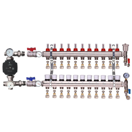 Kudos Trading 11-port underfloor heating manifold with Grundfos pump, compact unit providing efficient water flow control and balanced heating distribution.