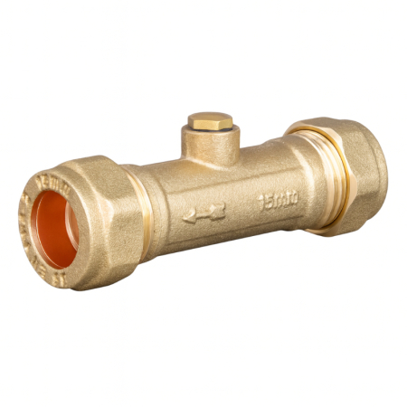 Kudos Trading 15mm double check valve, designed to prevent backflow and protect potable water systems in plumbing installations.