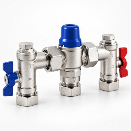 Reliance RWC Easifit HEAT112050 15mm 4-in-1 thermostatic mixing valve with isolation valves and flat-faced unions