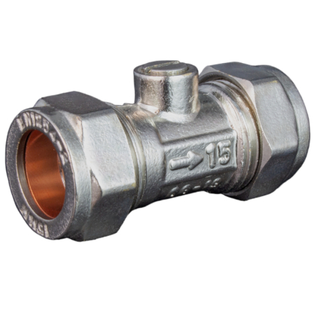 Kudos Trading 15mm straight isolating valve, designed for simple water flow shut-off and maintenance in domestic and commercial plumbing systems.