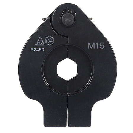 15mm M-Press Angled Jaw, durable steel pressing tool attachment designed for creating secure and leak-free joints in M-profile plumbing fittings.