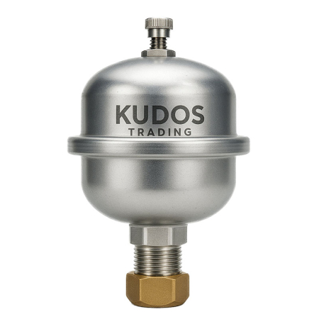 Kudos Trading shock arrestor with 15mm compression fitting, designed to absorb pressure shocks and prevent water hammer in plumbing systems.