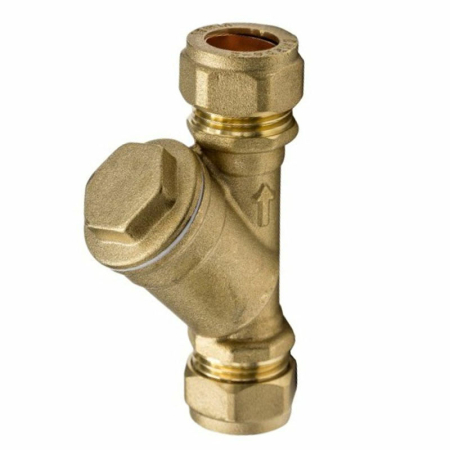 15mm Y strainer valve, designed to filter debris from water systems and protect pumps, valves, and other heating components.