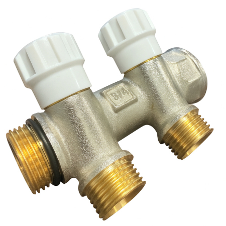 Kudos Trading 2 port plumbing manifold connector with durable brass body for secure and leak-free connection in heating systems.