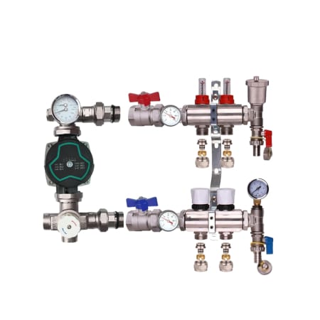 Kudos Trading 2-port underfloor heating manifold with Bastion A pump, compact unit providing efficient water flow control and balanced heating distribution.
