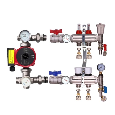Kudos Trading 2-port underfloor heating manifold with Bastion pump, compact unit providing efficient water flow control and balanced heating distribution.