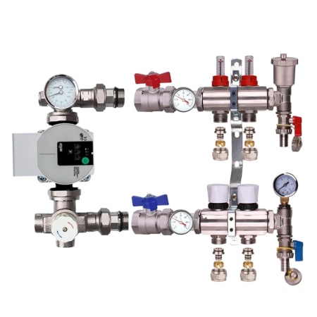 Kudos Trading 2 port underfloor heating manifold kit with Wilo pump set complete stainless steel system for efficient water flow control and balanced heat distribution.