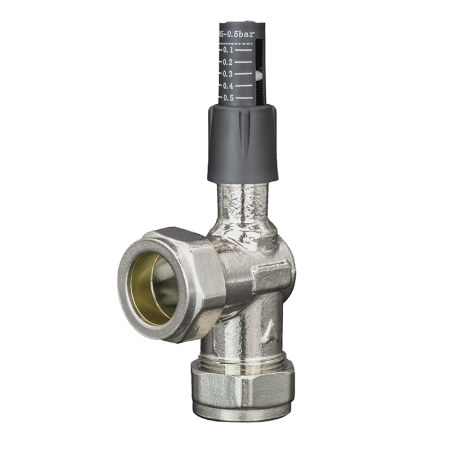 Automatic bypass valve angled 22mm, designed to maintain constant water flow and protect heating systems by regulating differential pressure.