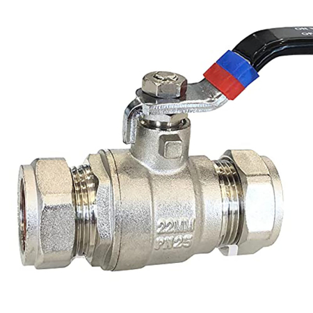 Kudos Trading 22mm brass ball valve with lever handle for reliable on-off water flow control in plumbing and heating systems.