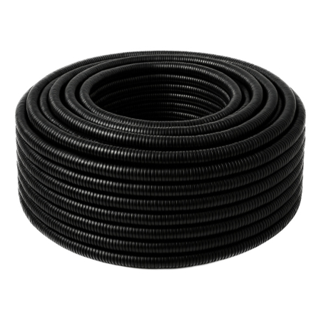 25mm black conduit, 50m roll, flexible protective tubing for safely housing electrical cables and underfloor heating pipes.