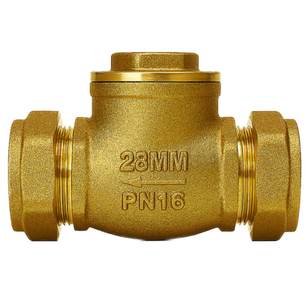 Kudos Trading 28mm full bore water swing check valve, designed to allow one-way flow and prevent backflow in plumbing and heating systems.