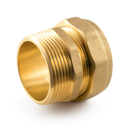 28mm to ¾″ brass adaptor fitting, durable connector used for joining underfloor heating pipes or blending valves with standard ¾″ threads.