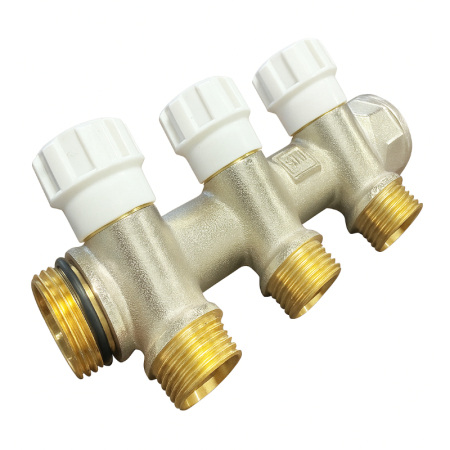 Kudos Trading 3 port plumbing manifold connector with durable brass body for secure and leak-free connection in heating systems.