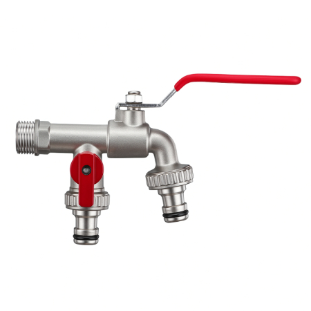 Kudos Trading chrome-plated 3-way bibcock tap with dual outlet design and ergonomic handle for efficient water flow control.