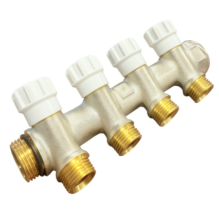 Kudos Trading 4 port plumbing manifold connector with durable brass body for secure and leak-free connection in heating systems.