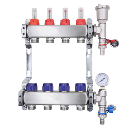 4-Port stainless steel manifold with air vent and pressure gauge