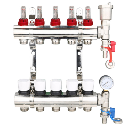 5-Port Brass/Nickle Manifold with Air Vent & Pressure Gauge