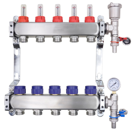 5-Port stainless steel manifold with air vent and pressure gauge
