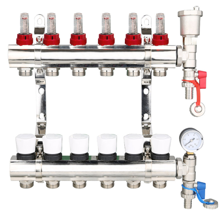 6-Port Brass/Nickle Manifold with Air Vent & Pressure Gauge