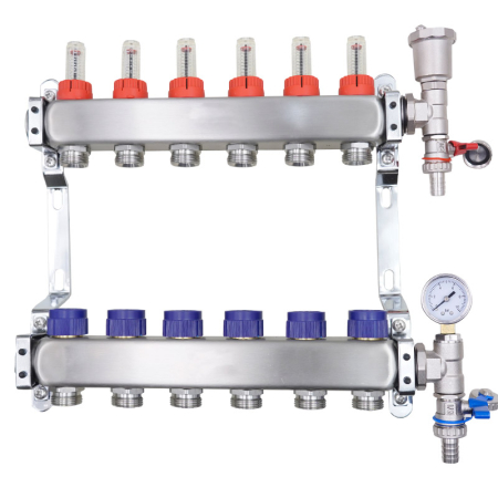 6-Port stainless steel manifold with air vent and pressure gauge