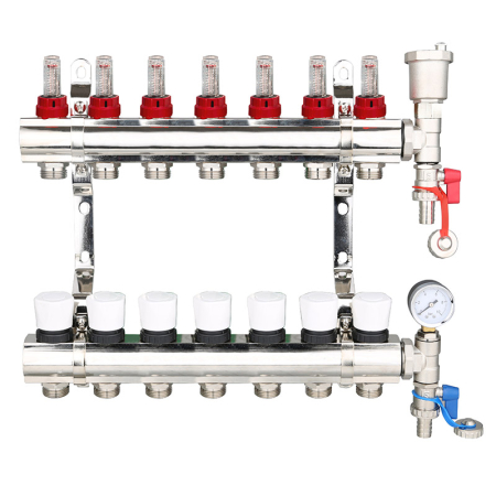 7-Port Brass/Nickel Manifold with Air Vent & Pressure Gauge
