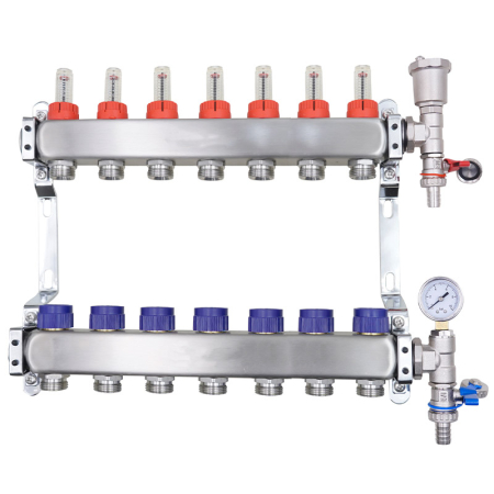 7-Port stainless steel manifold with air vent and pressure gauge