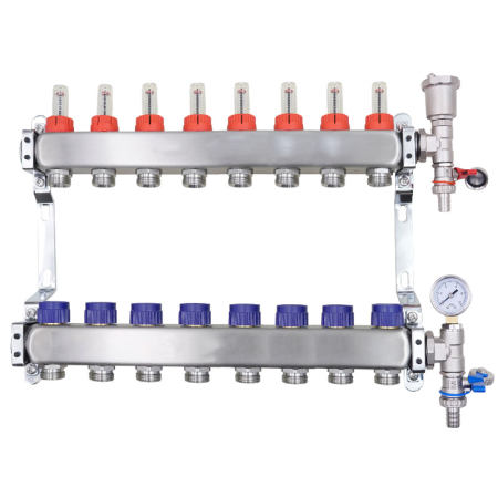 8-Port stainless steel manifold with air vent and pressure gauge