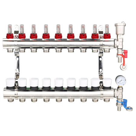 9-Port Brass/Nickel Manifold with Air Vent & Pressure Gauge