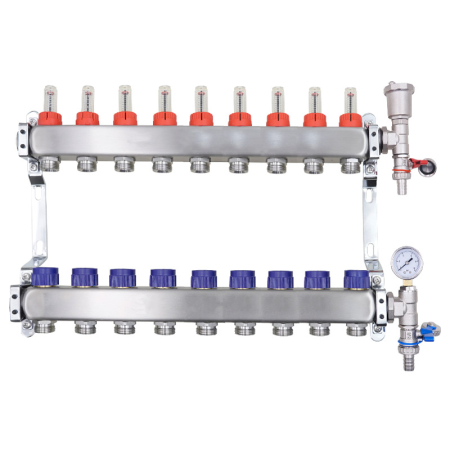 9-Port stainless steel manifold with air vent and pressure gauge