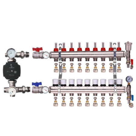 Kudos Trading 9-port underfloor heating manifold with Grundfos pump, compact unit providing efficient water flow control and balanced heating distribution.