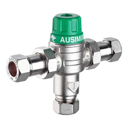 Reliance Ausimix 15mm 2-in-1 thermostatic mixing valve with adjustable temperature control for consistent hot water performance.