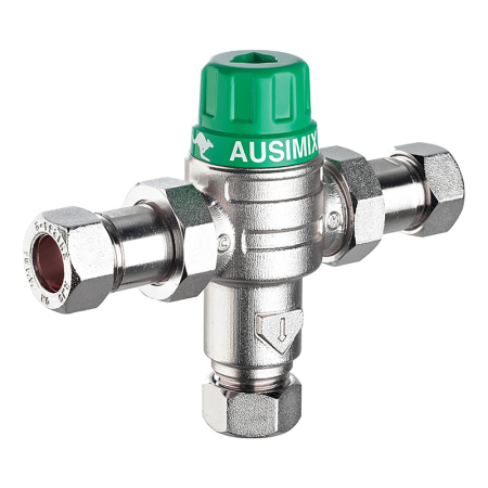 Reliance Ausimix 22mm 2-in-1 thermostatic mixing valve with precise temperature control for reliable hot water regulation.