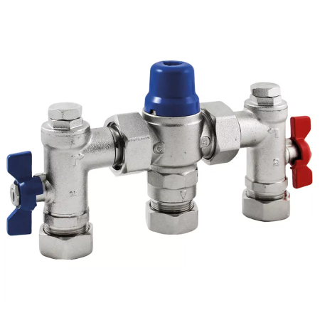 Reliance 15mm Easifit TMV2/3 4-in-1 thermostatic mixing valve with easy-fit design and precise temperature control for safe water blending.