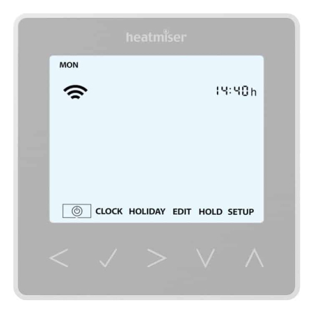 Heatmiser Neo Hot Water Silver thermostat, digital controller for managing hot water systems with modern wall-mounted design.