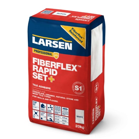 Larsen Flexible Semi-Rapid Set + Grey Tile Adhesive, high-performance cement-based adhesive for ceramic, porcelain, and stone tiles on floors and walls.