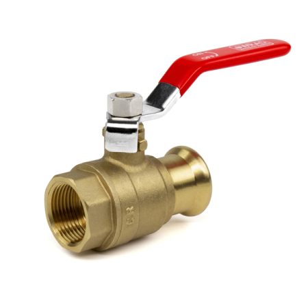 Kudos Trading M Press copper press fitting lever ball valve with red handle for reliable on-off water flow control.