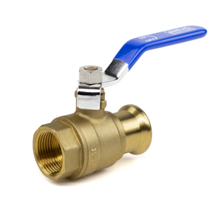 Kudos Trading M Press copper press fitting lever ball valve with blue handle for reliable on-off water flow control.