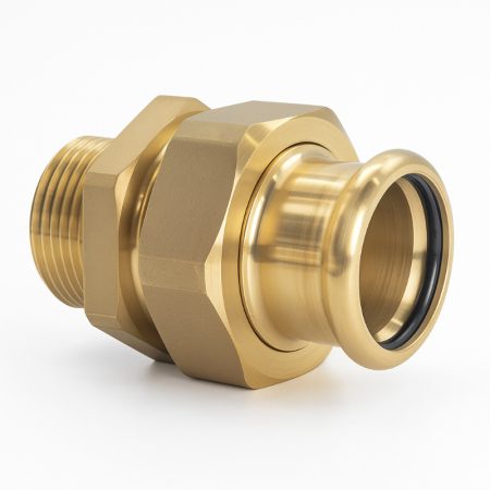 Kudos Trading M Press copper press fitting male union for strong, leak-free pipe connections in heating and plumbing systems.