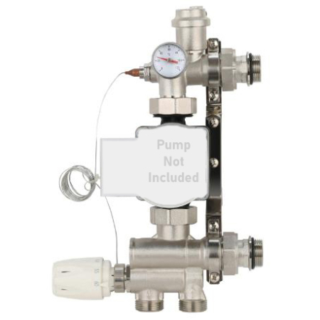 pump station with blending valve and thermostat for underfloor heating systems, compact brass manifold unit for precise temperature control