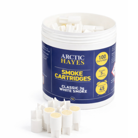 Arctic Hayes 3g white smoke cartridges pack of 100, producing dense smoke for air flow testing, leak detection, and ventilation checks.