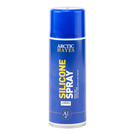 Arctic Hayes silicone spray 400ml, designed for lubricating and protecting rubber, plastic, and metal parts in plumbing and mechanical applications.