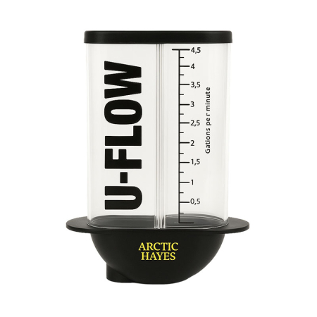 Arctic Hayes U-Flow Flowcup measuring jug, 1–5 gallons or 4–22 litres, designed for accurate flow rate testing in plumbing and heating systems.