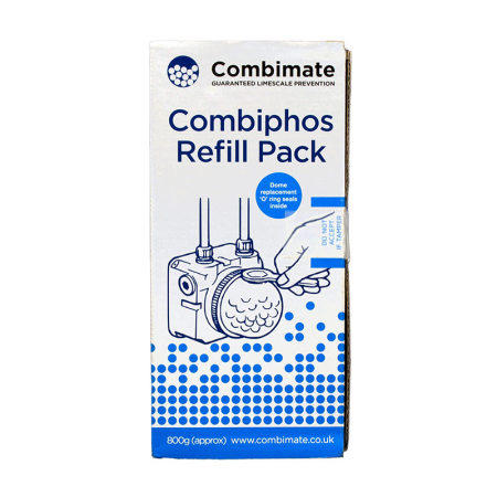 Cistermiser Combiphos Refill Pack 800 g for Combimate water conditioner in white‑blue box with white beads to prevent limescale.
