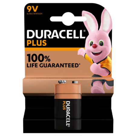 Duracell Plus Power 9V battery single pack, delivering up to 100% more power for reliable performance in alarms and electronic devices.