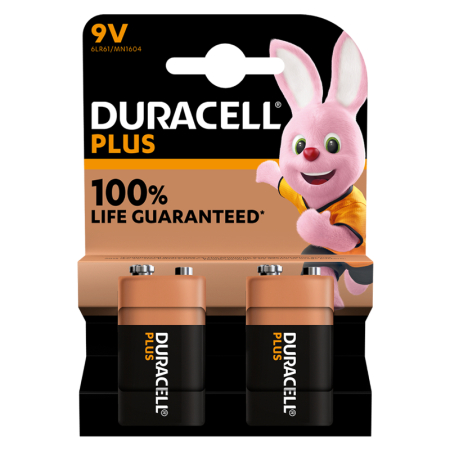 Duracell Plus Power 9V batteries pack of 2, designed for long-lasting, reliable power in smoke alarms, meters, and electronic devices.