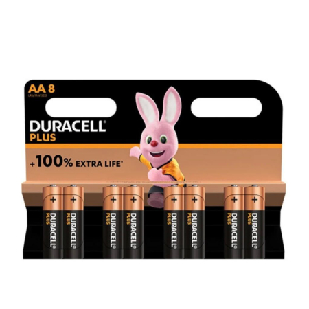 Duracell Plus Power AA batteries pack of 8, designed for dependable, long-lasting energy in everyday household and electronic devices.