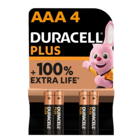 Duracell Plus Power AAA batteries pack of 4, providing reliable, long-lasting power for household electronics and portable devices.
