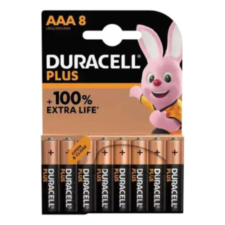 Duracell Plus Power AAA batteries pack of 8, providing reliable, long-lasting power for household electronics and portable devices.